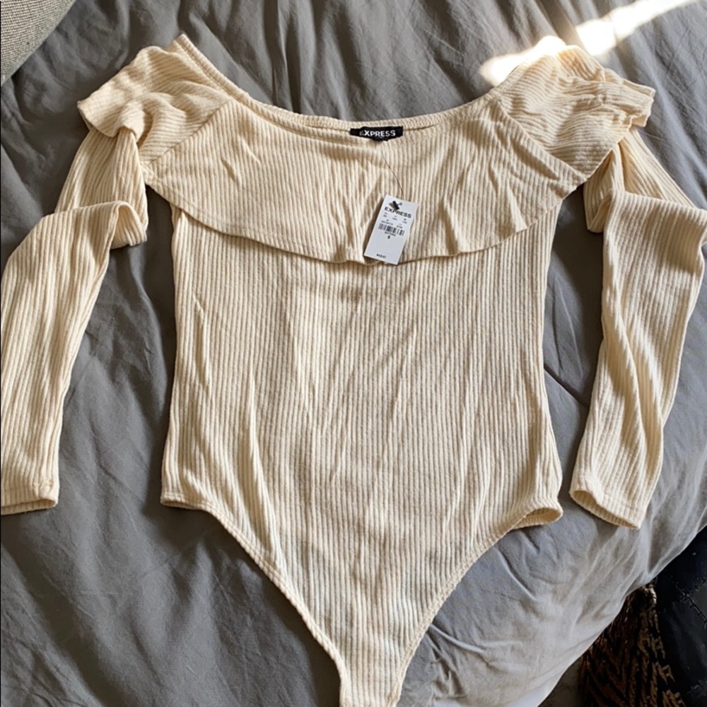 Express Ribbed Ruffle Off The Shoulder Bodysuit